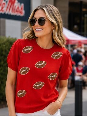 Ring Street Designs Red Game Day Sequin Football Knit Sweater Short Sleeve